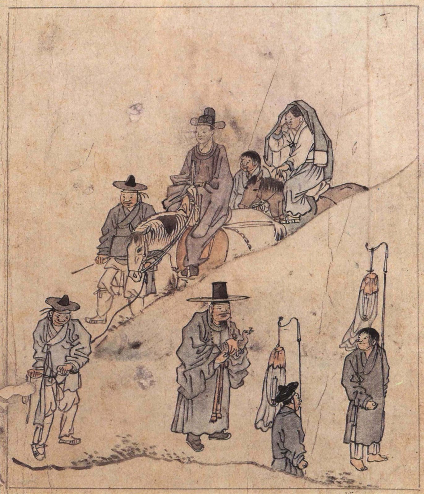 옛 그림. 언덕길을 따라 말을 탄 사람과 나귀를 탄 사람이 지나가고, 앞에서 마부가 고삐를 잡고 걷는다.