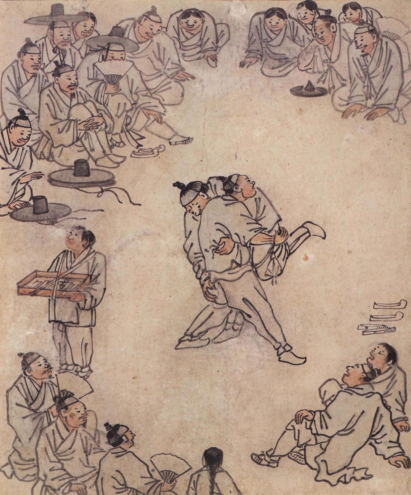 옛 그림. 가운데 두 사람이 서로 허리를 잡고 씨름을 하고, 둘레에 갓 쓴 사람들이 둥글게 둘러앉아 구경한다. 왼쪽에는 엿판을 멘 사람이 서 있다.
