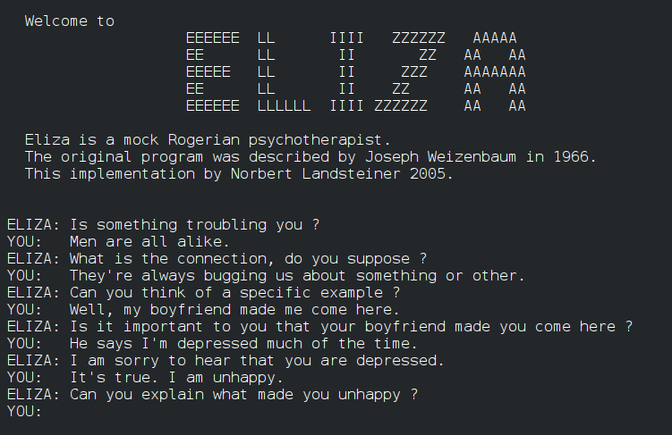 검은 바탕 단말기 화면. 위에 ELIZA 글자 로고가 있고, 아래로 ELIZA와 YOU가 영어로 주고받은 대화가 한 줄씩 찍혀 있다